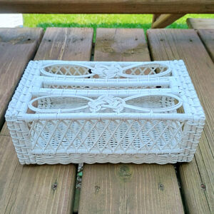 Vintage White Rattan Wicker Tissue Box Cover Holder Rectangle Vanity Cottage
